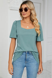 Light Green tee with square neck and sculpted puff sleeves, casual fit