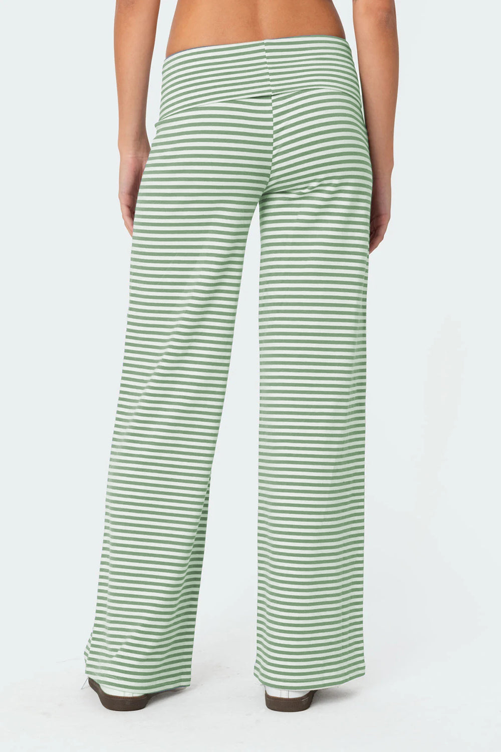 Coastal Stripe Palazzo Pants in Gum Leaf green with white horizontal stripes, wide leg cut.