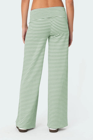 Coastal Stripe Palazzo Pants in Gum Leaf green with white horizontal stripes, wide leg cut.