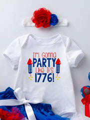 White baby onesie with "I'm Gonna Party Like It's 1776!" graphic and patriotic headband.