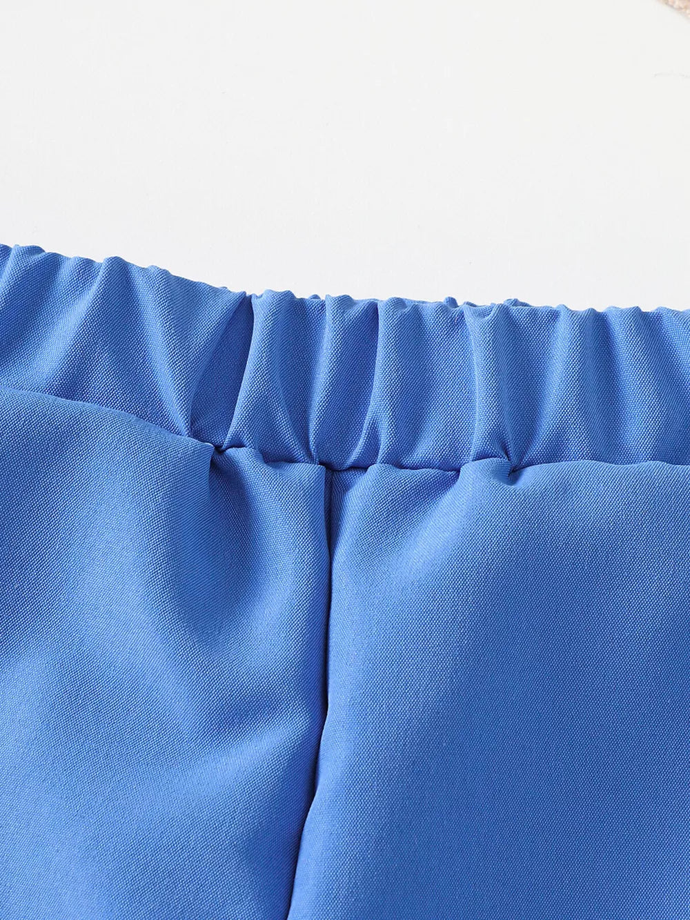 Blue cotton toddler shorts with elastic waistband detail