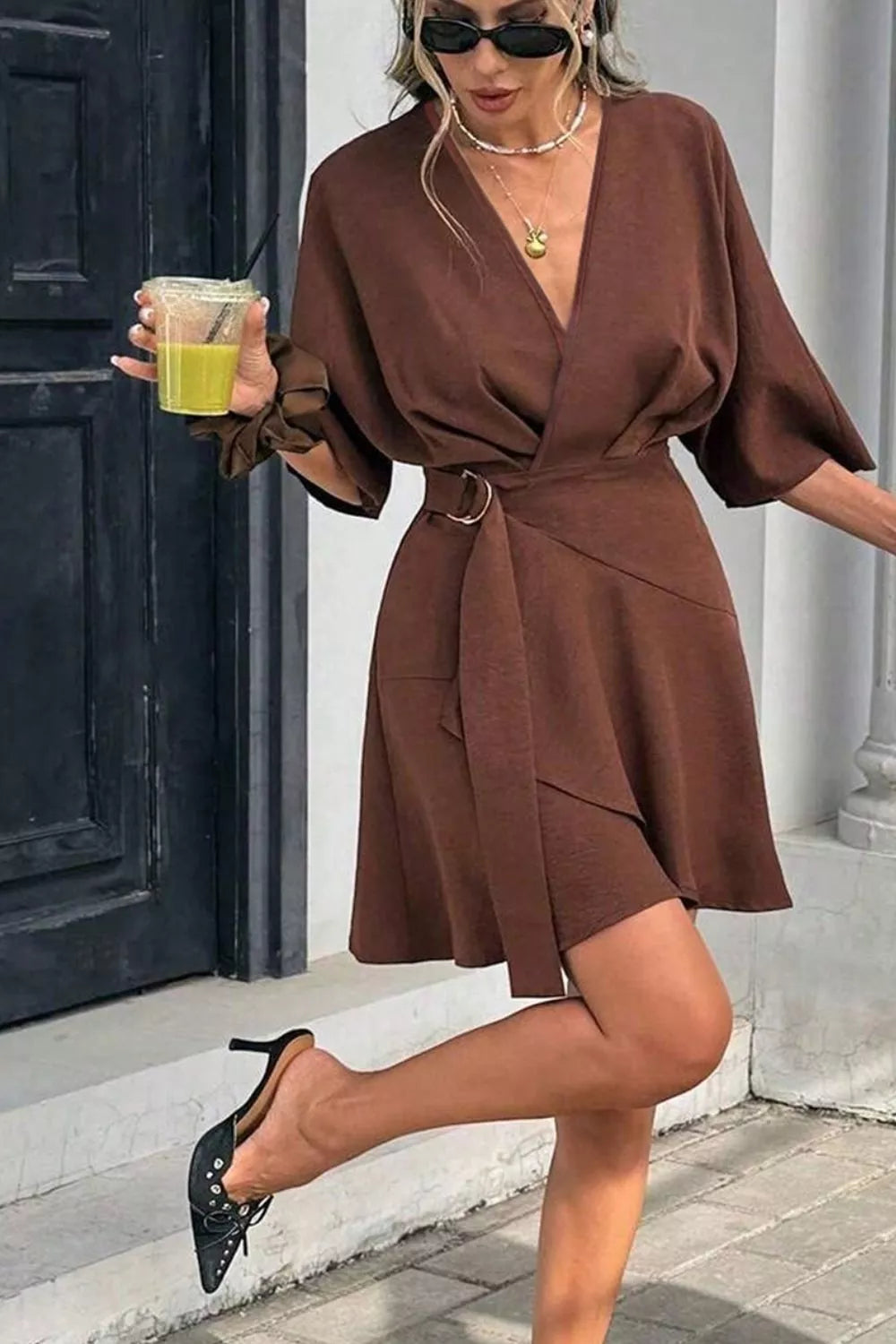 Surplice Half Sleeve Mini Dress in Burgundy, close-up detail