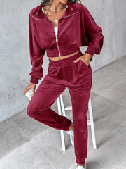 Velvet crop tracksuit in burgundy with zipper detail and elastic waistband.