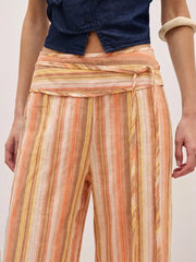 Striped Wide-leg Pants With Tie Waist in Blue, side view