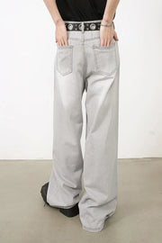 Bleached wash gray denim wide-leg trousers with a relaxed fit.