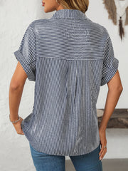 Dark Navy striped button-down shirt with cuffed short sleeves and back pleats.