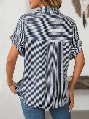 Dark Navy striped button-down shirt with cuffed short sleeves and back pleats.