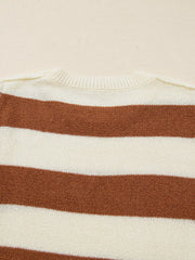Striped acrylic sweater with crew neck and drop shoulders in caramel and cream.
