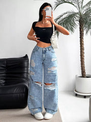 High-waisted Distressed Wide-leg Jeans