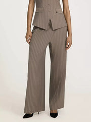 Elegant high-waisted beige pinstripe maternity trousers with a wide leg.