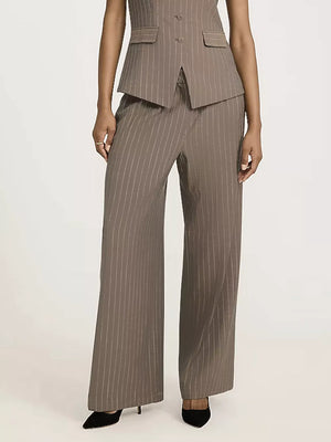 Elegant high-waisted beige pinstripe maternity trousers with a wide leg.