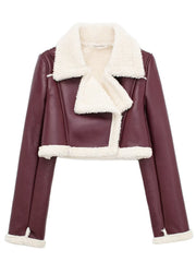 Burgundy cropped aviator jacket with white shearling trim and collar.