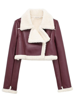 Burgundy cropped aviator jacket with white shearling trim and collar.