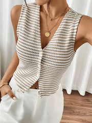 Chic striped knit v-neck tank top with button front in taupe and white.