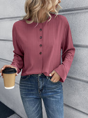 Mandarin collar button-down blouse in deep purple with subtle vertical texture and button placket.