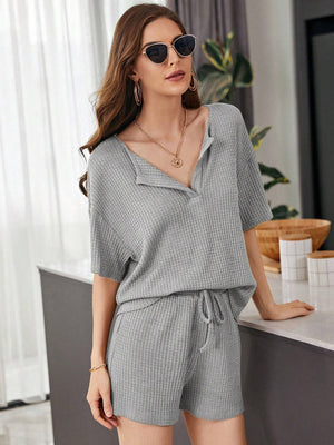Relaxed waffle henley short set in dark gray with drawstring shorts and short sleeves