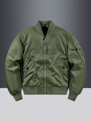 Military green bomber jacket with zip closure, utility pocket, and ribbed cuffs.
