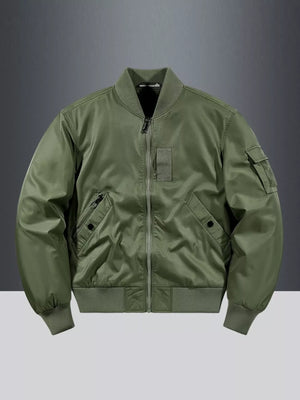 Military green bomber jacket with zip closure, utility pocket, and ribbed cuffs.