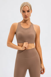 Camel asymmetric cutout sports bra with racerback detail