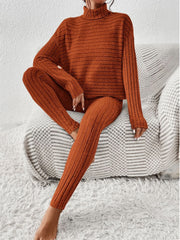 Textured turtleneck lounge set in caramel with ribbed details and long sleeves.
