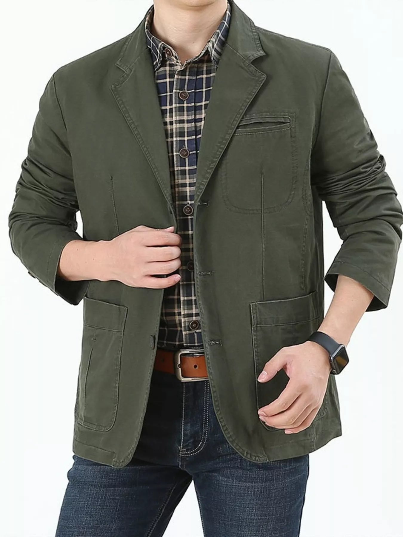 Army green cotton button-up blazer with patch pockets and a plaid shirt.