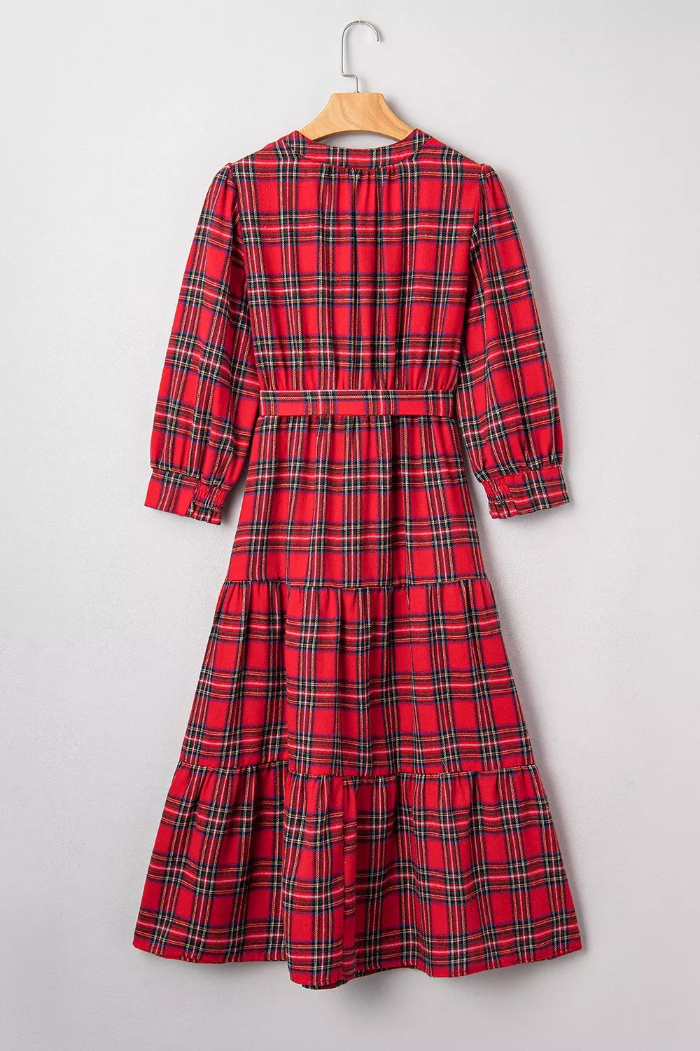 Christmas Plaid V Neck Tie Waist Midi Dress in Deep Red, editorial view