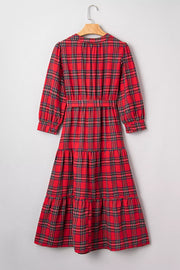 Christmas Plaid V Neck Tie Waist Midi Dress in Deep Red, editorial view