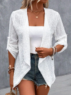 White eyelet embroidered open front cardigan with rolled sleeves and draped neckline