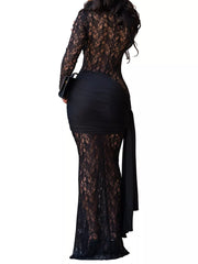 Lace Long Sleeve Maxi Dress in Black, model styling view