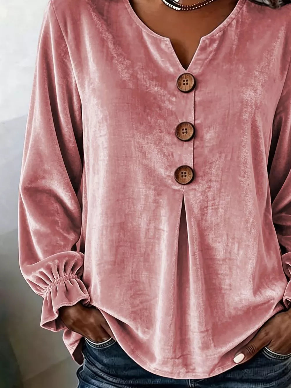 Velvet Button Decor Blouse With Ruffled Cuffs in Black, close-up detail
