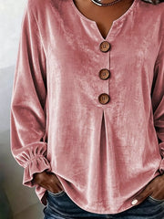 Velvet Button Decor Blouse With Ruffled Cuffs in Black, close-up detail