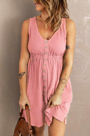 Pink button-down mini dress with gathered waistline and V-neck