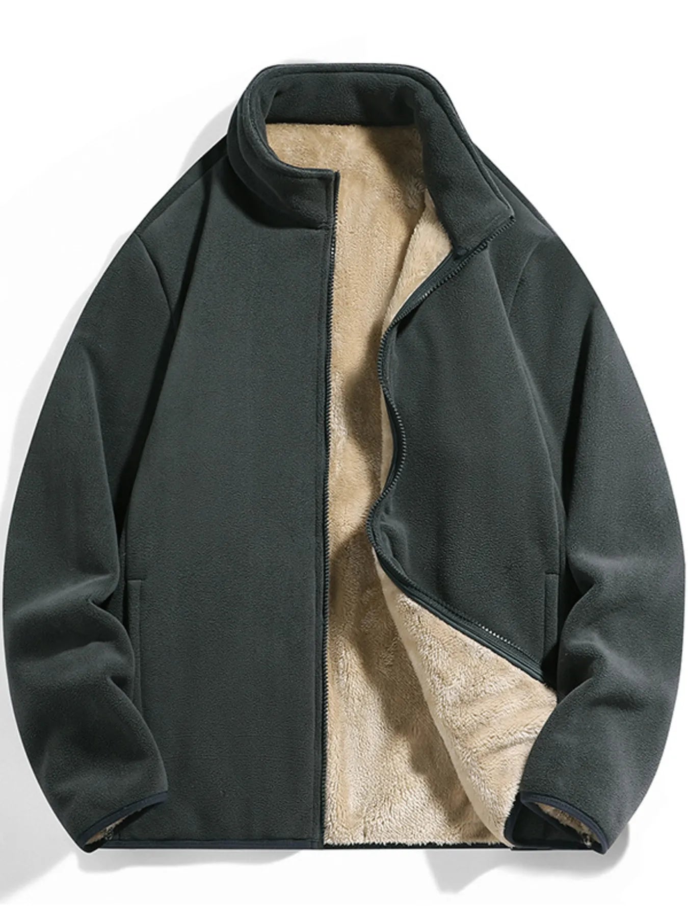 Fleece lined zip-up jacket in graphite gray with a stand-up collar and visible plush lining.