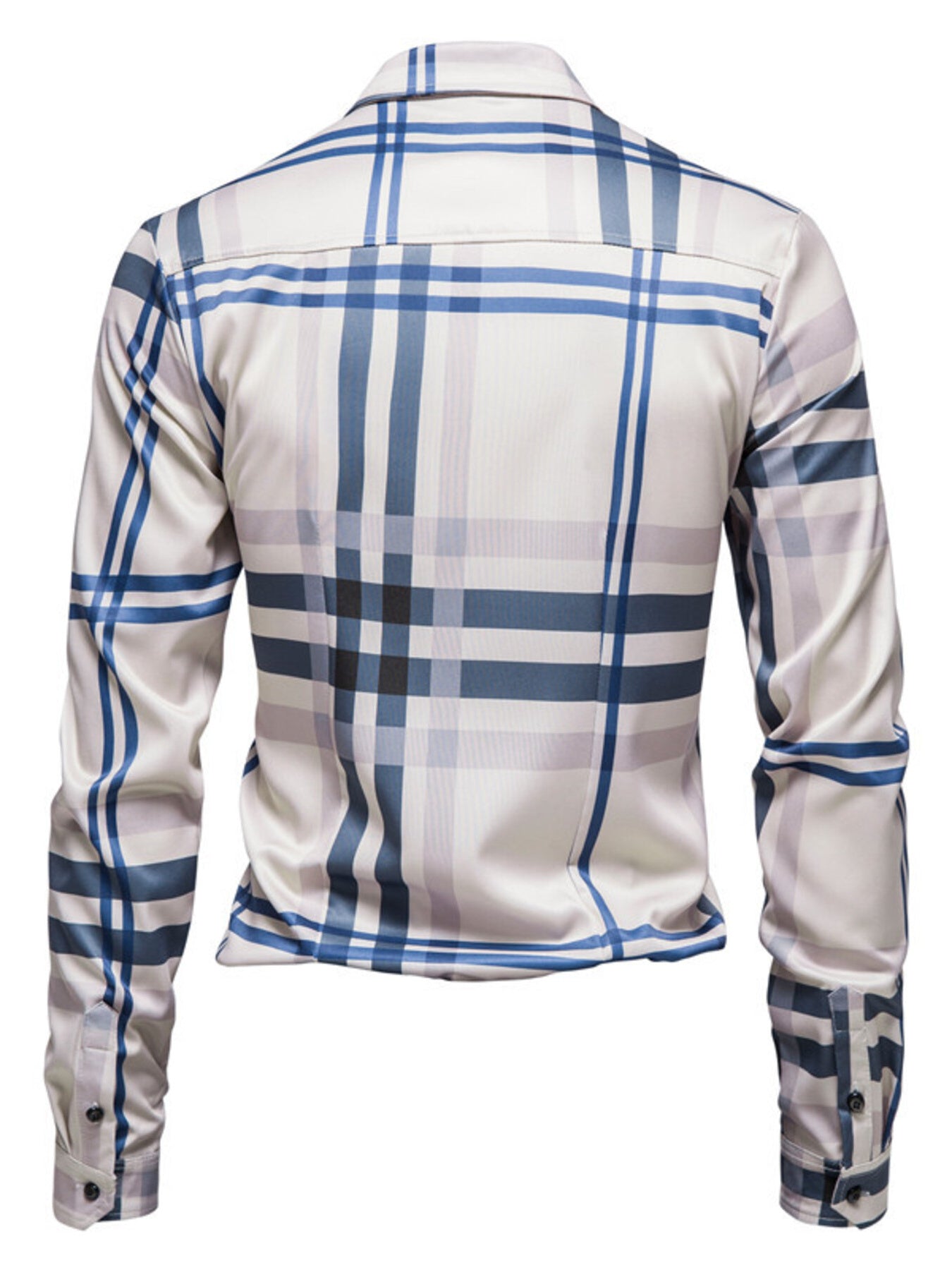 Men's long sleeve button-up shirt in blue plaid cotton with a classic fit.