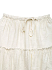 Cream tiered midi skirt with drawstring waist and ruffled seams