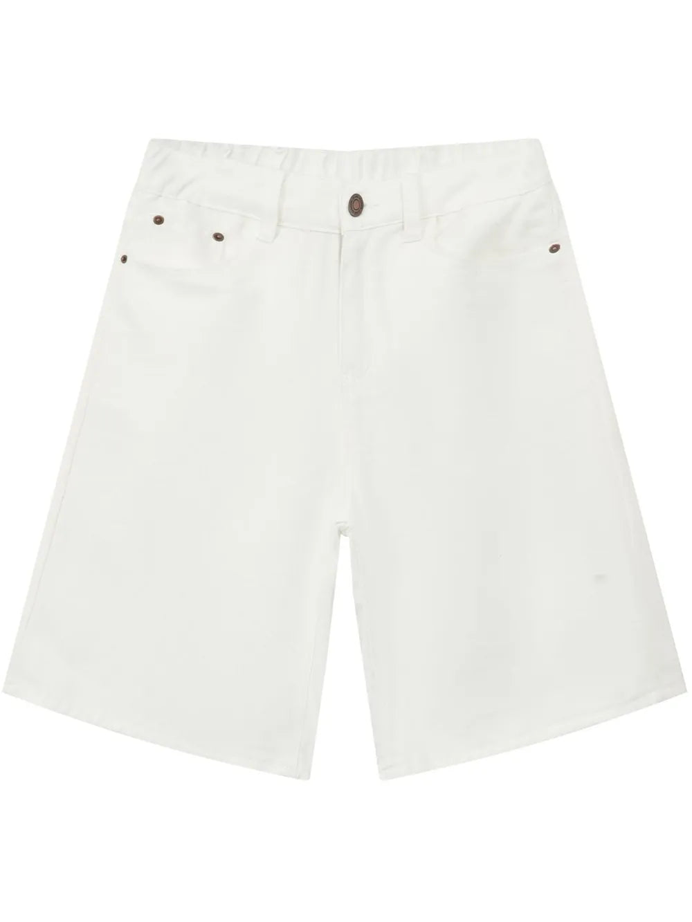 White denim bermuda shorts with a textured weave and button-fly closure.