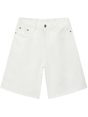 White denim bermuda shorts with a textured weave and button-fly closure.