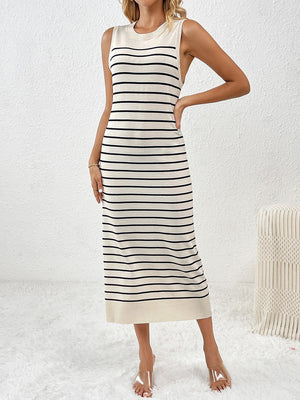 Striped ribbed sleeveless midi dress in cream and black with a crew neck.