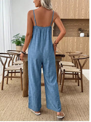 Spaghetti Strap Wide Leg Jumpsuit in Dusty Blue, side view