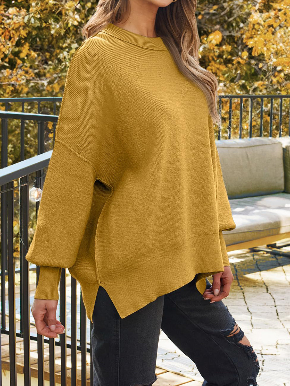 Mustard ribbed-knit relaxed fit sweater with crewneck and balloon sleeves
