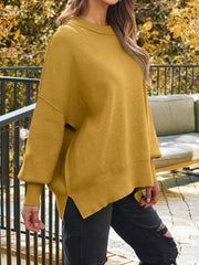 Mustard ribbed-knit relaxed fit sweater with crewneck and balloon sleeves