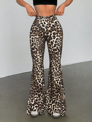 Leopard print high-waist flare pants in red, featuring a comfortable fit and a casual style.