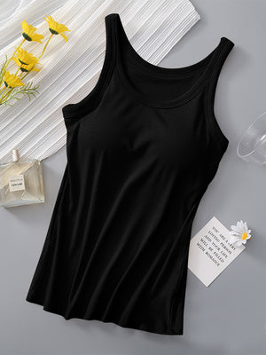 Black ribbed knit built-in bra tank top with scoop neckline.
