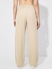 Drawstring wide leg casual pants in apricot with a relaxed fit.