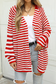 Bold stripe balloon sleeve cardigan in deep red and white acrylic with button front and distressed details.