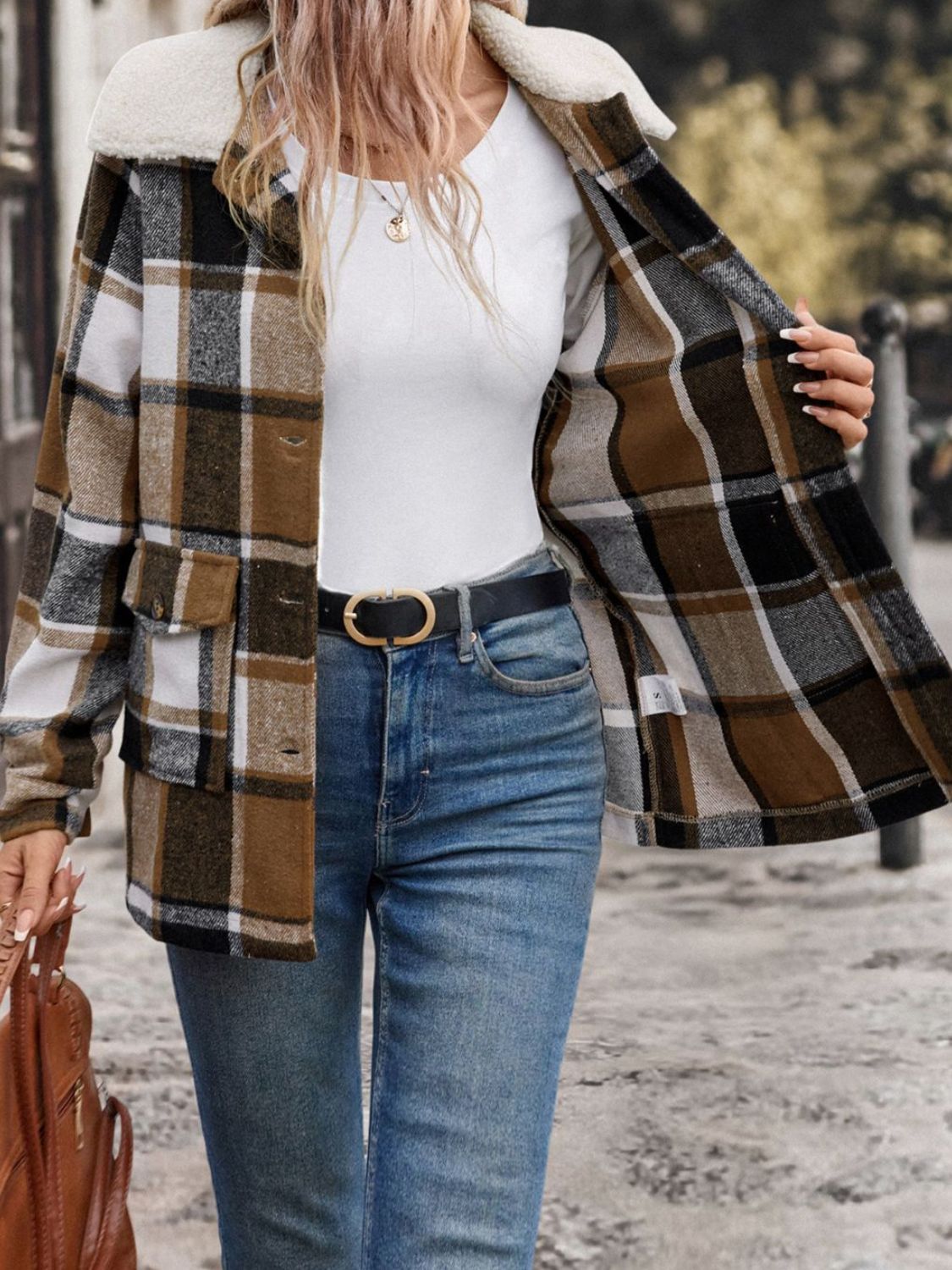 Camel plaid shacket with sherpa collar and patch pockets, buttoned front.