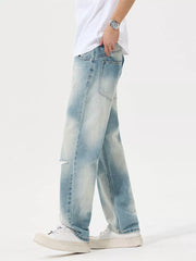 Men's Distressed Relaxed Fit Jeans in Light, close-up detail