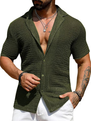 Matcha green open-knit resort shirt with camp collar and button front.