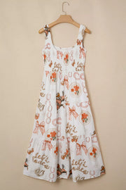 Cowboy Charm U-neck Midi Dress in white cotton blend with playful rodeo print, smocked bodice, and tiered skirt.