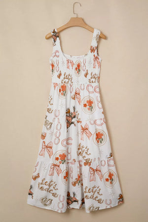 Cowboy Charm U-neck Midi Dress in white cotton blend with playful rodeo print, smocked bodice, and tiered skirt.